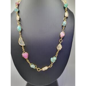 Boho Wire Wrapped Quartz Necklace Pink Green Stones Gold Tone